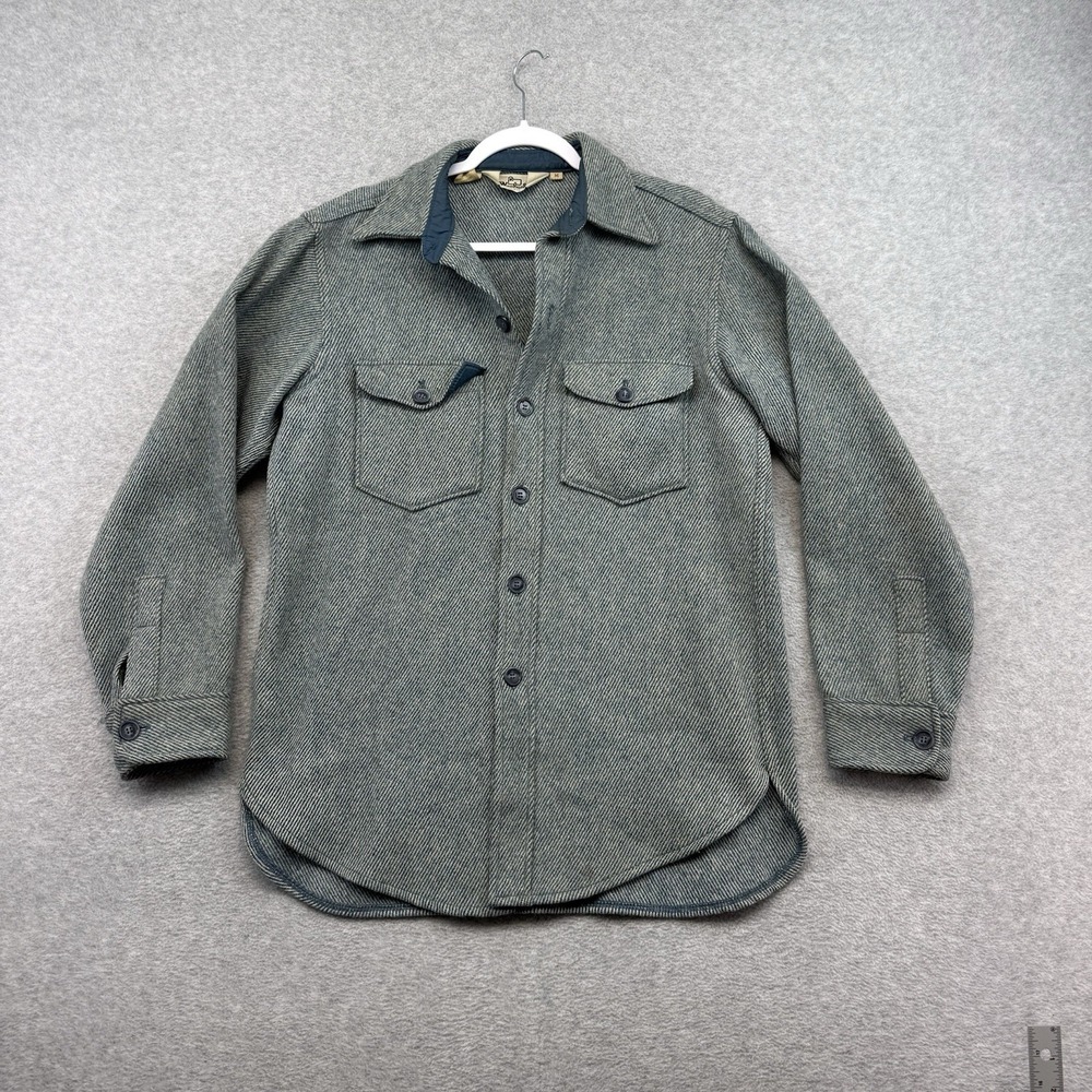 Vintage Woolrich Mackinaw Shirt Jacket Mens L Blue Herringbone 70s USA Made